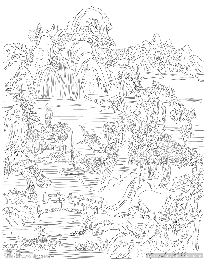白描古建图 