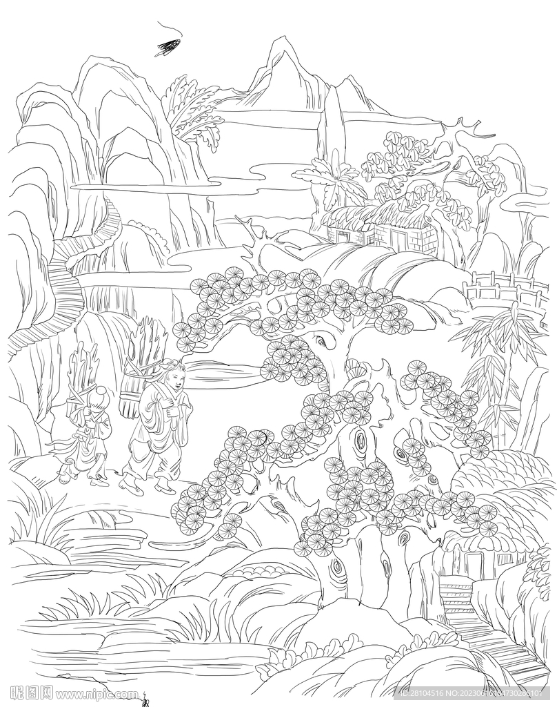 白描古建图 