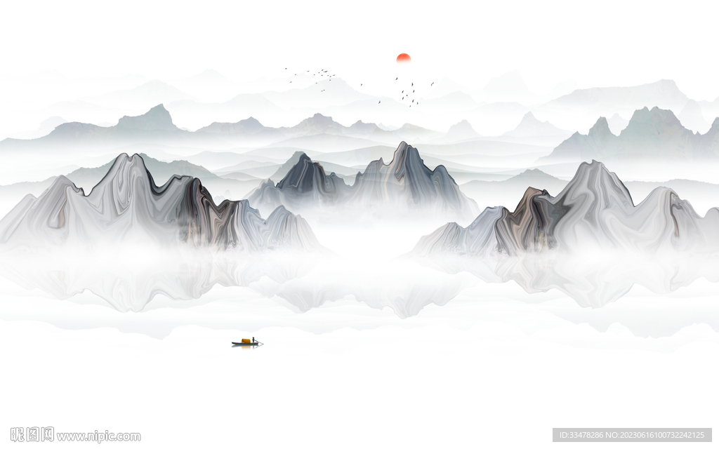 中式水墨山水画电视背景墙