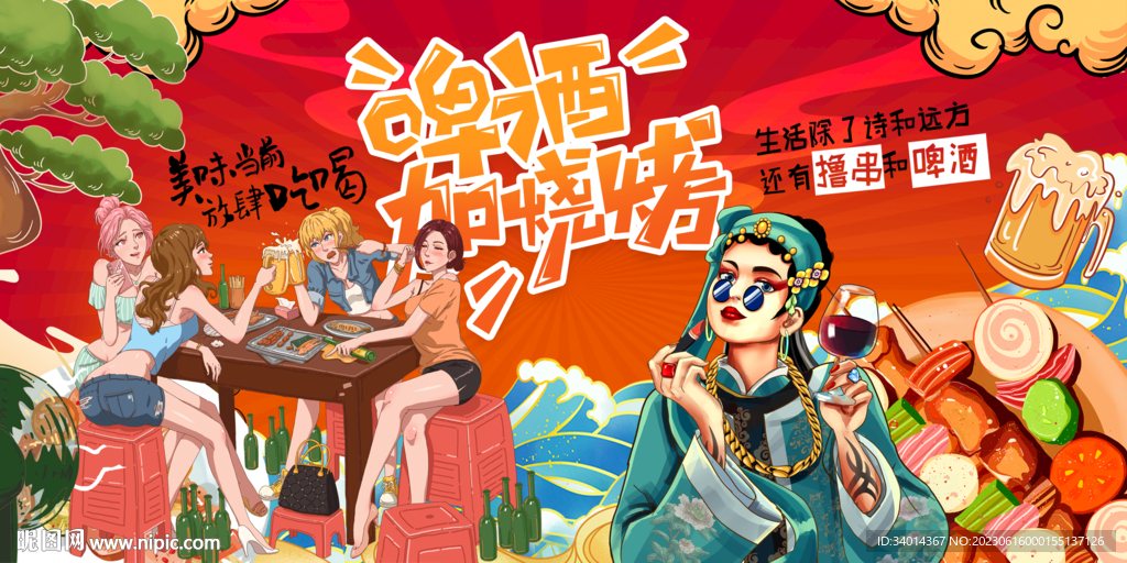 啤酒加烧烤背景墙