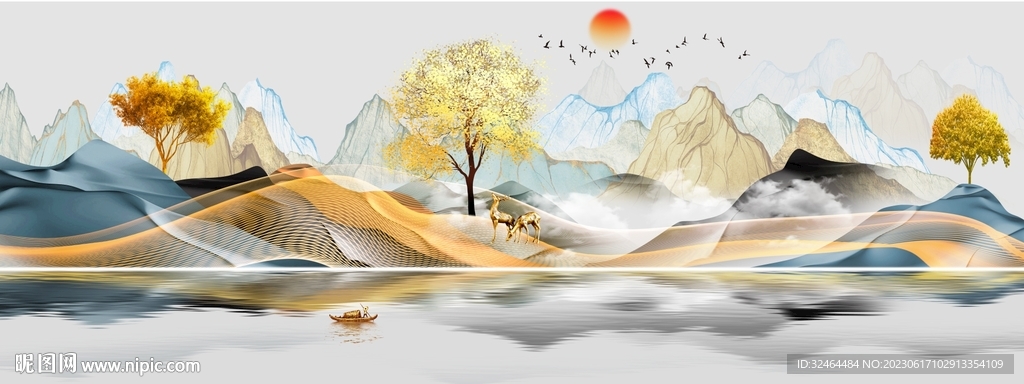 横式山水麋鹿画