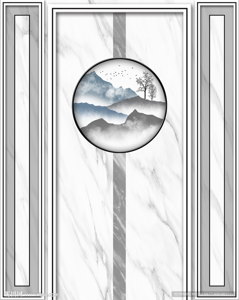 水墨山水画 大理石背景墙玄关画