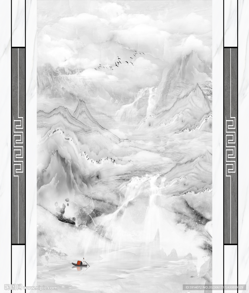 水墨山水画背景墙 船