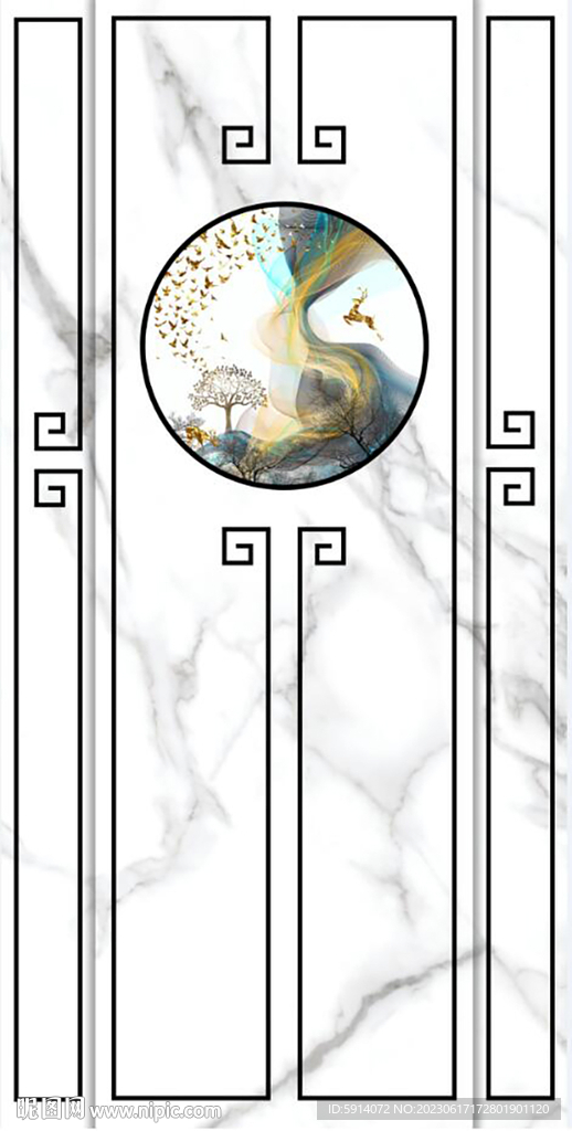 水墨山水画 大理石背景墙玄关画