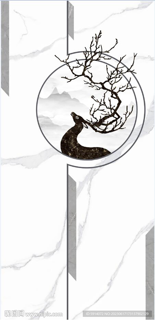 水墨山水画 大理石背景墙玄关画