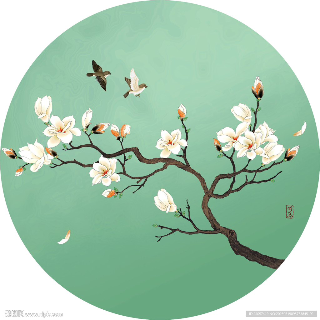 新中式禅意玉兰花鸟圆形装饰画