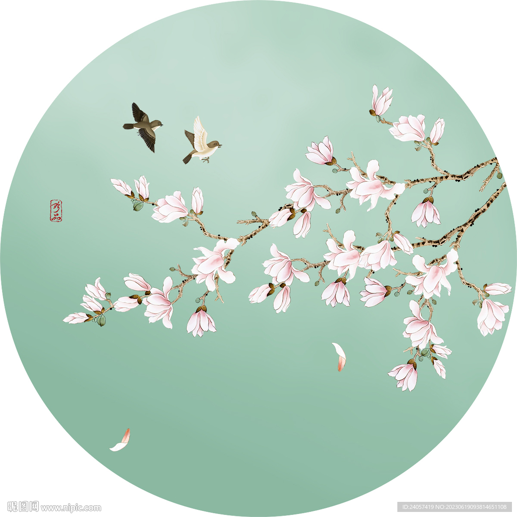 新中式花鸟工笔玉兰圆形装饰画