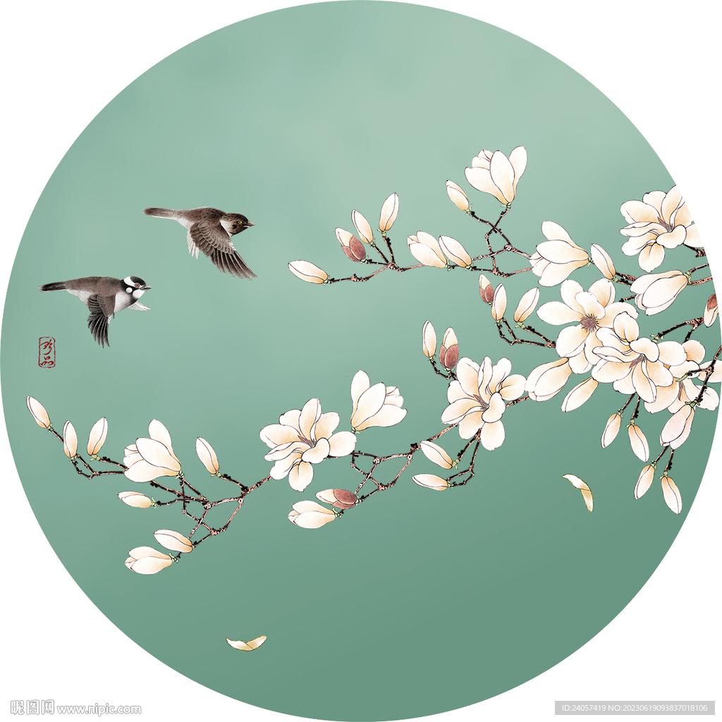 新中式工笔画玉兰花鸟圆形装饰画