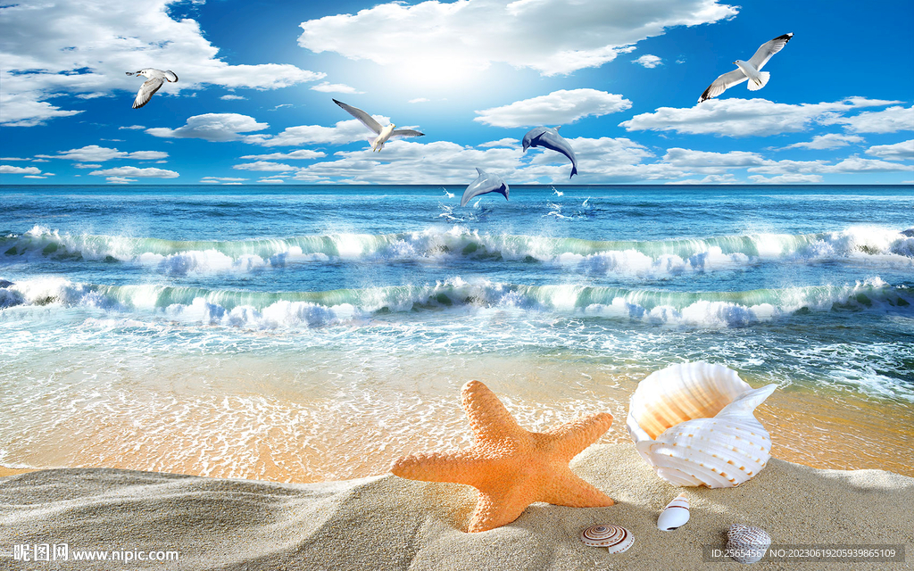 蓝天白云海边沙滩背景墙