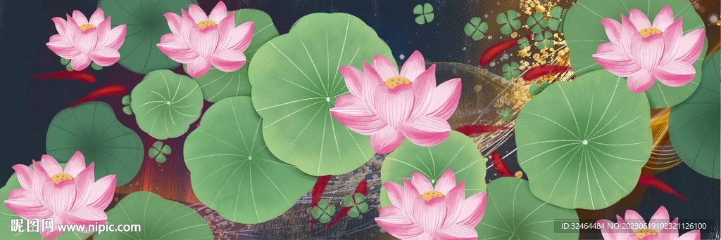 荷花九鱼装饰画