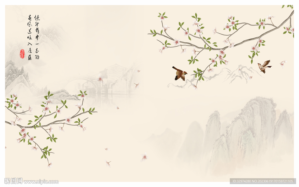 中式工笔花鸟玉兰花背景
