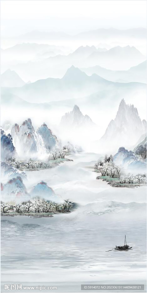 水墨山水画 大理石背景墙玄关画