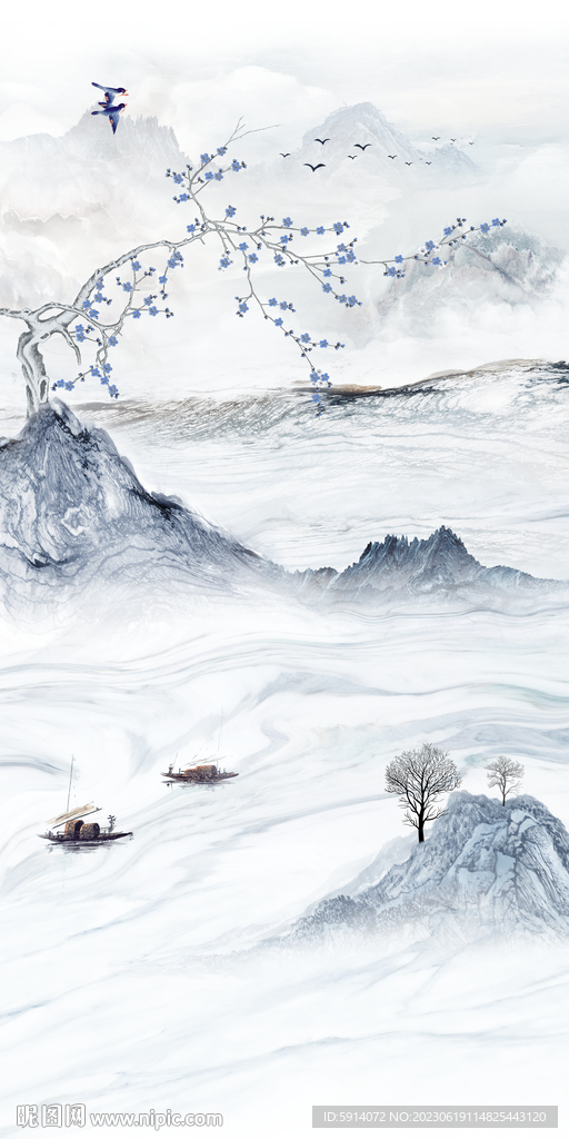 水墨山水画 大理石背景墙玄关画