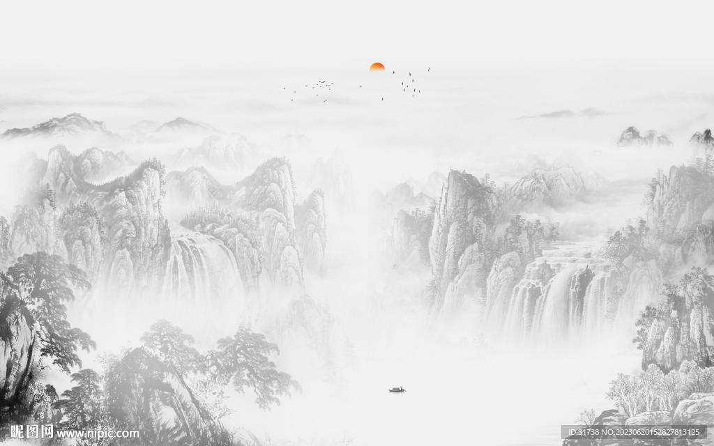 新中式国画山水电视背景墙