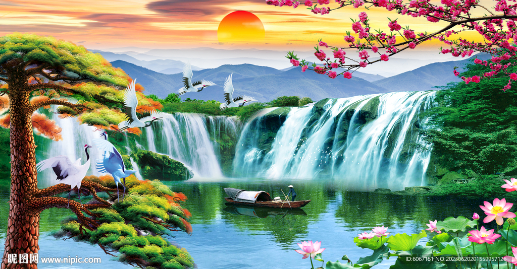 迎客松瀑布山水画