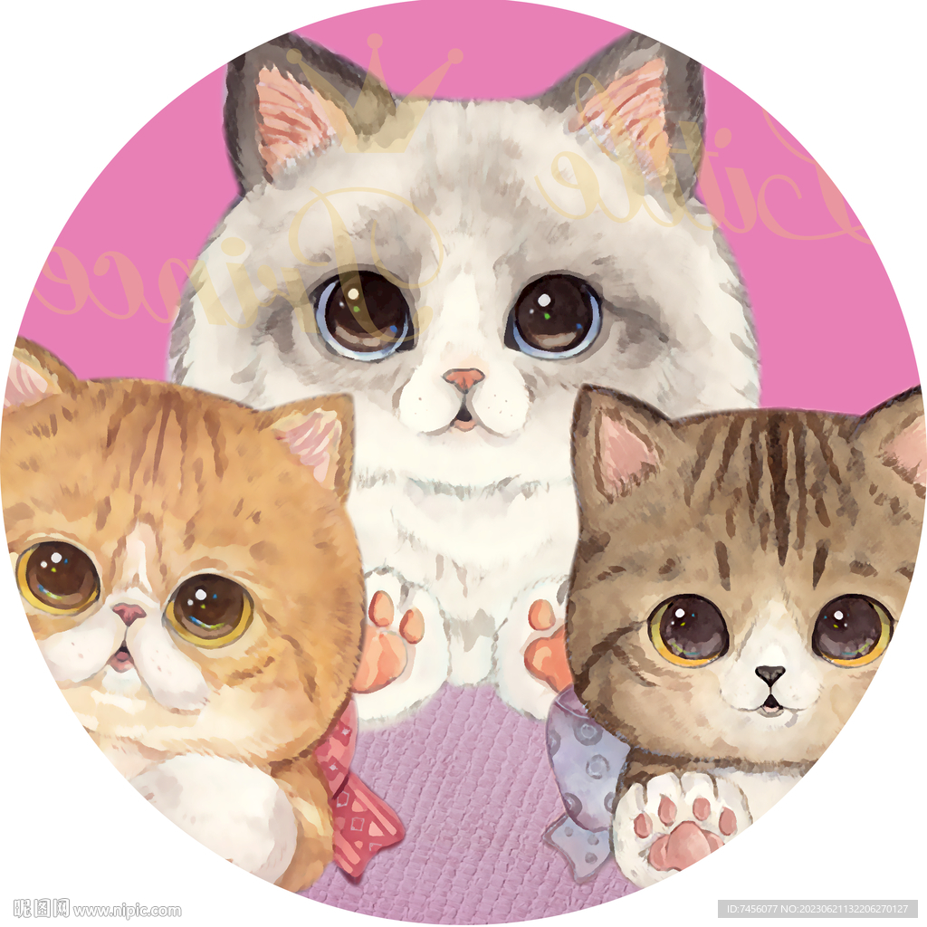 水彩猫唯美圆形挂画装饰画