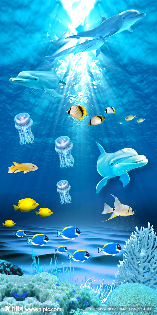 色海洋海底游鱼玄关过道
