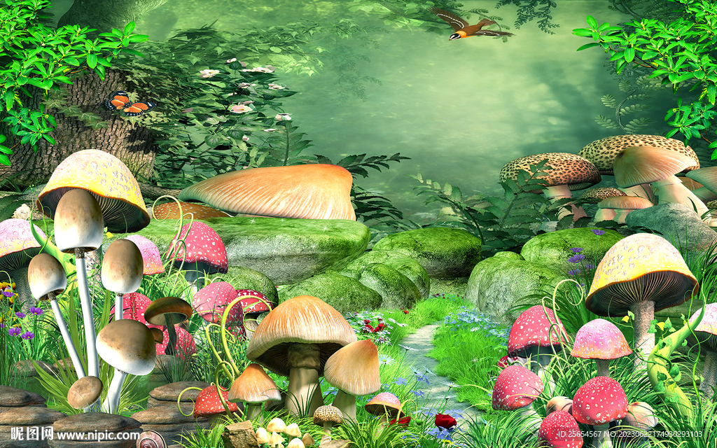 蘑菇梦幻场景风景画背景墙