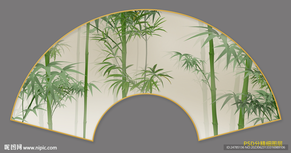 扇形水墨竹子装饰画