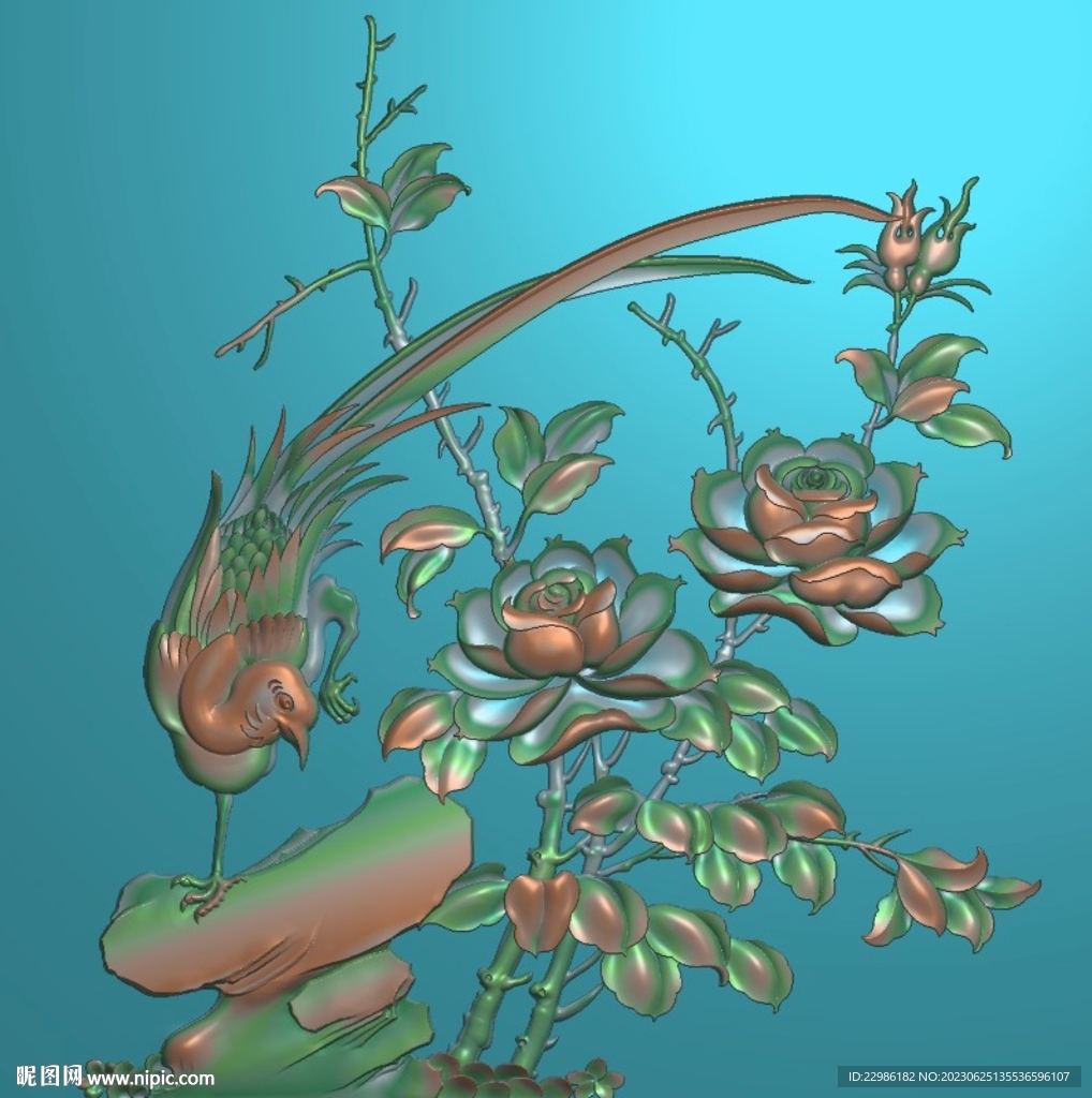 月季花鸟精雕图