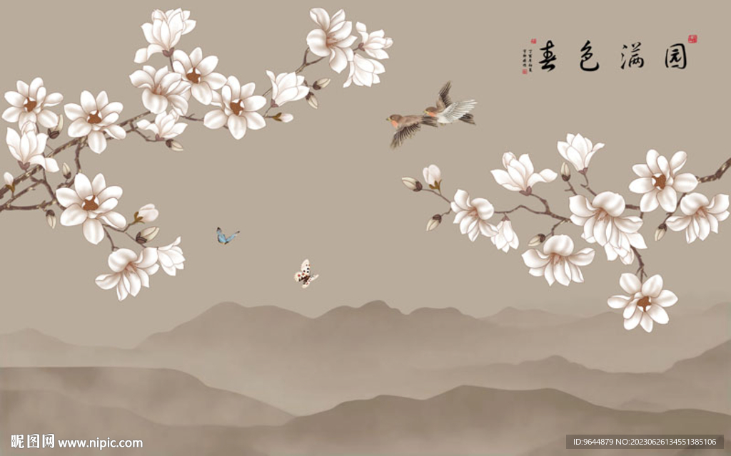 复古玉兰花鸟背景墙