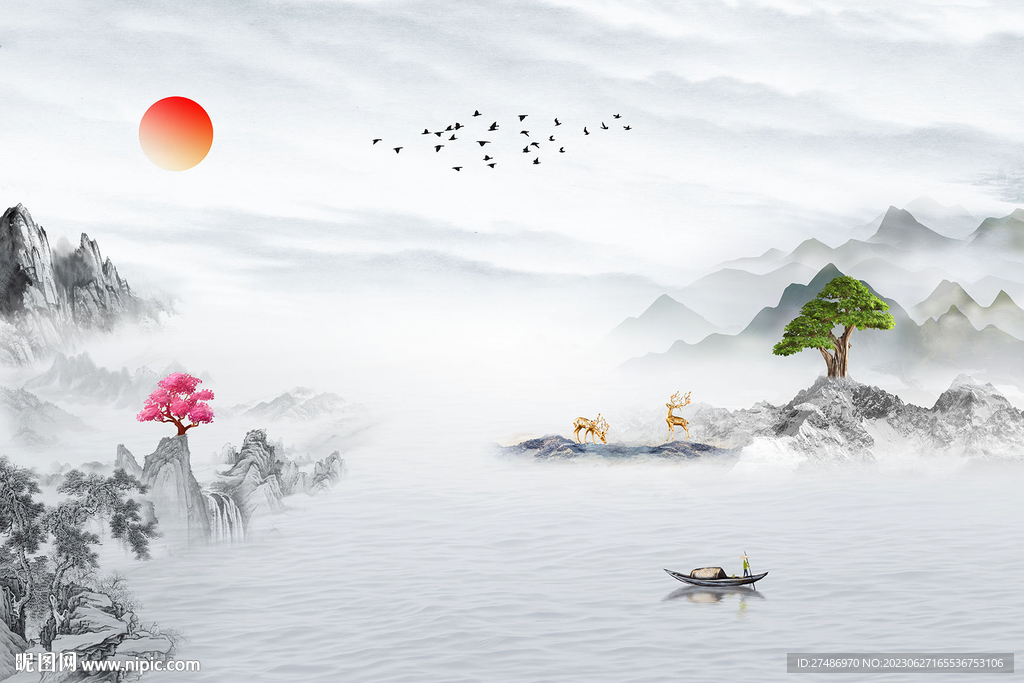 新中式水墨迎客松山水电视背景墙