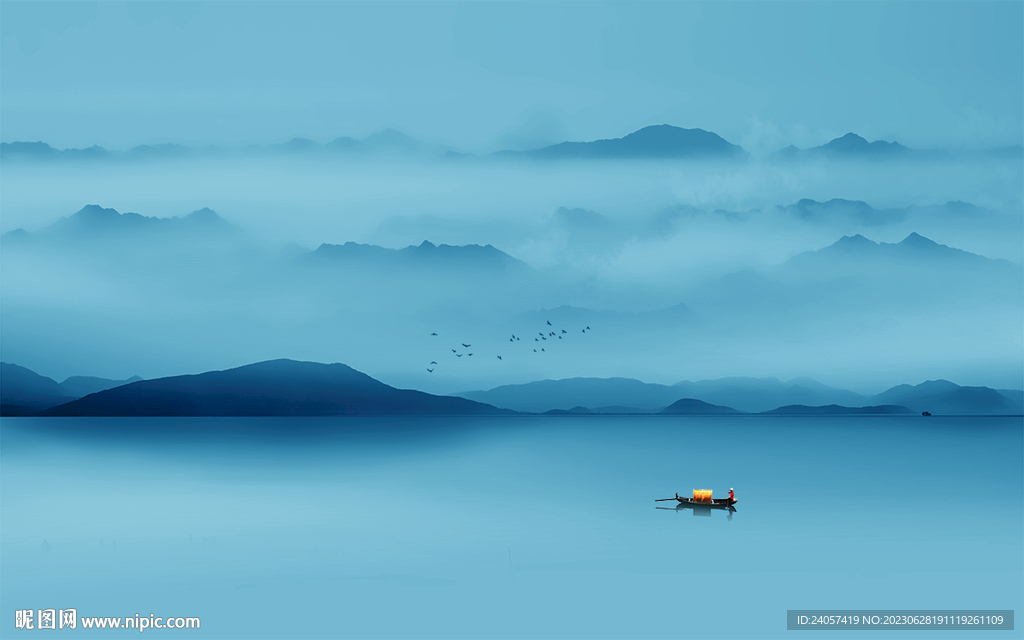 极简空灵意境山水风景蓝色背景墙