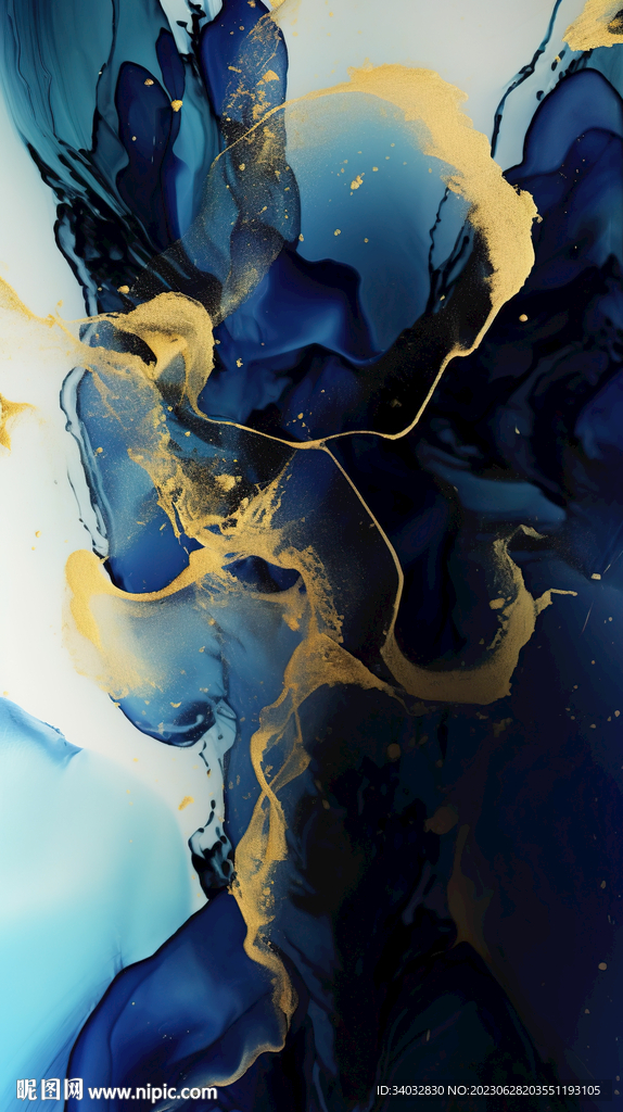 蓝色水墨金箔抽象画