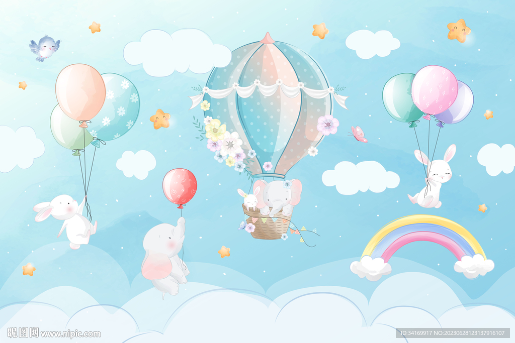 卡通彩虹云朵可爱动物热气球背景