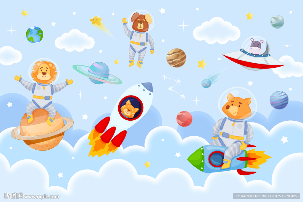 卡通动物宇航员太空火箭星球背景