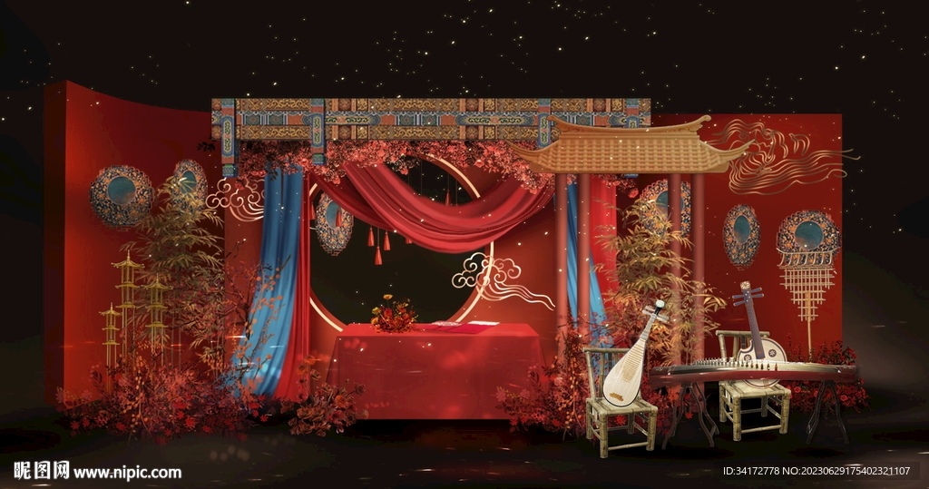 红蓝色中式婚礼迎宾演奏区