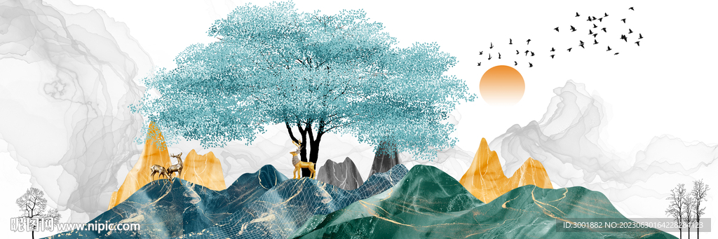 山水画背景墙 麋鹿 树