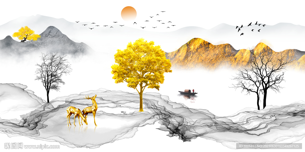 山水画背景墙弧线 船 树