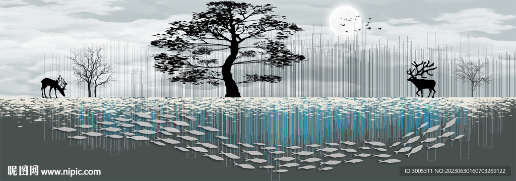山水画背景墙 麋鹿 树