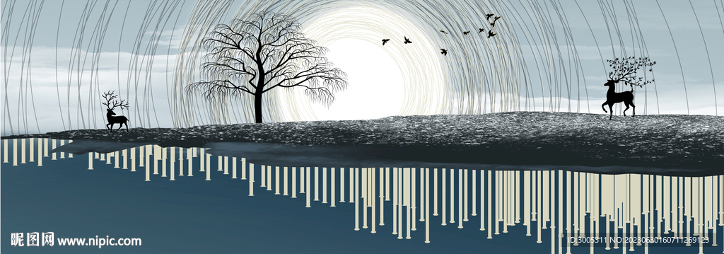 山水画背景墙 麋鹿 树