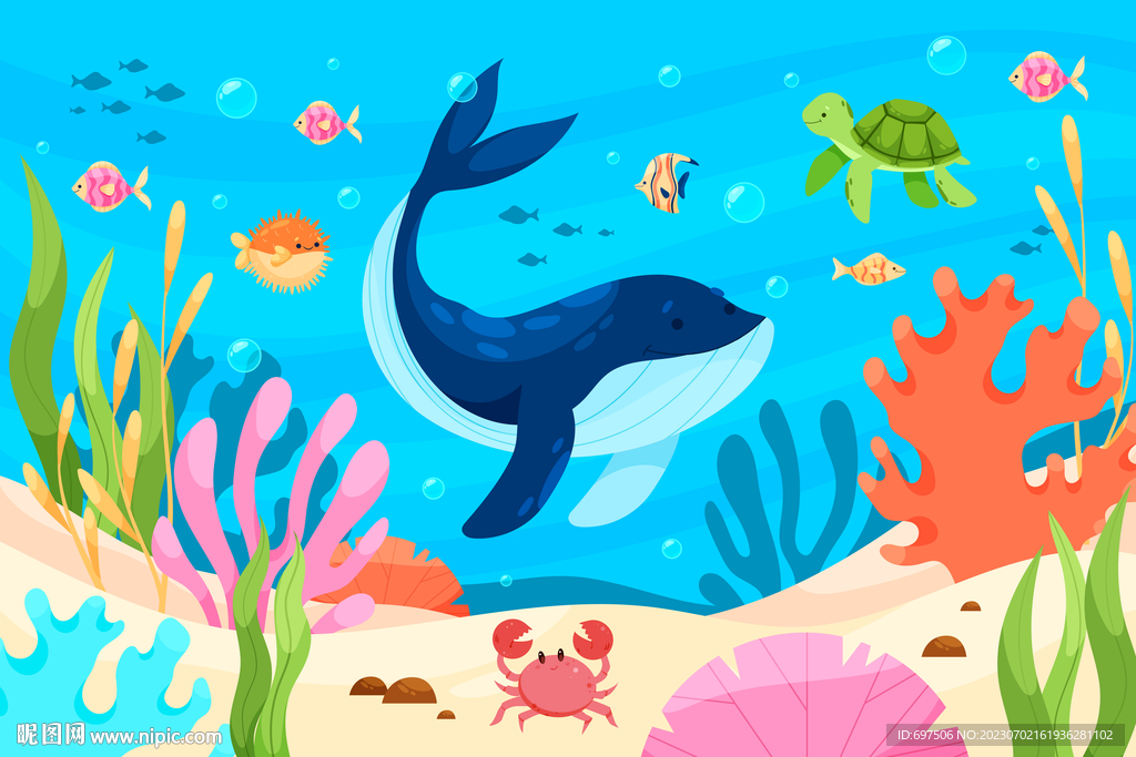 卡通鲸鱼海底动物珊瑚热带鱼背景