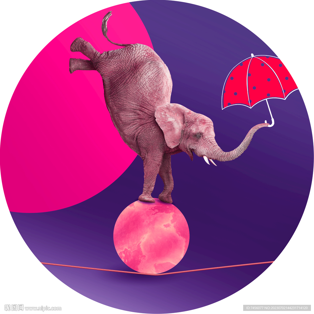 水彩大象杂技圆形挂画装饰画