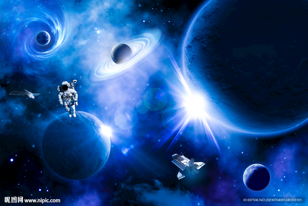 蓝色宇宙星球太空宇航员银河背景