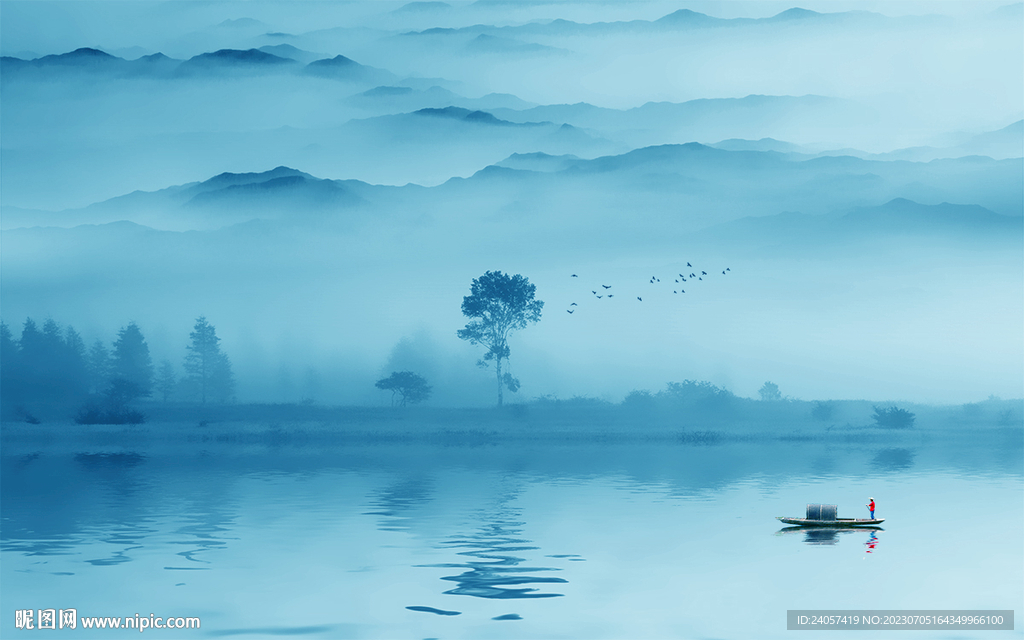 极简空灵意境山水风景蓝色背景墙