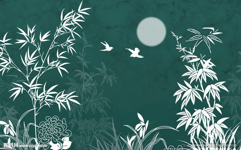 绘竹林花鸟背景墙装饰画