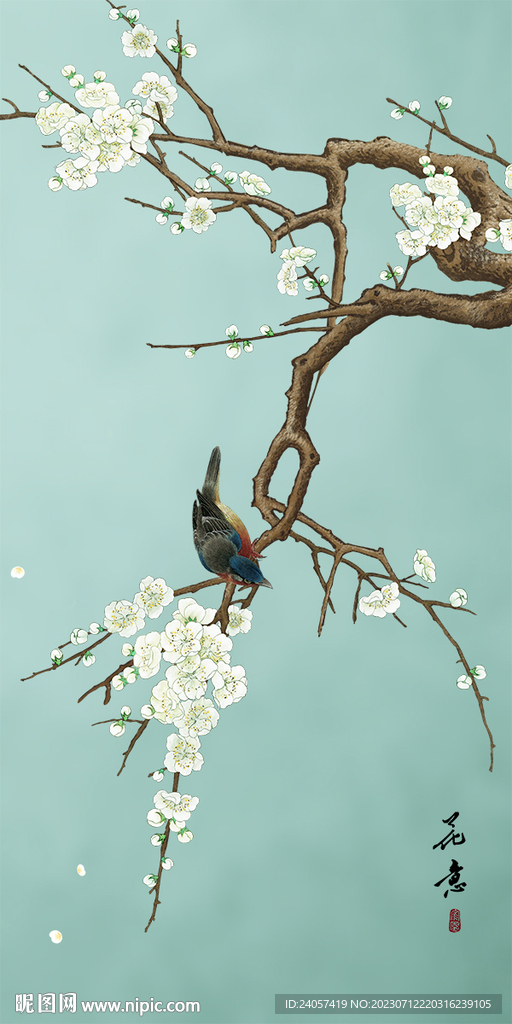 梨花工笔花鸟玄关背景墙