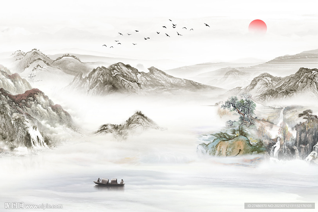 新中式聚宝盆山水国画意境背景墙