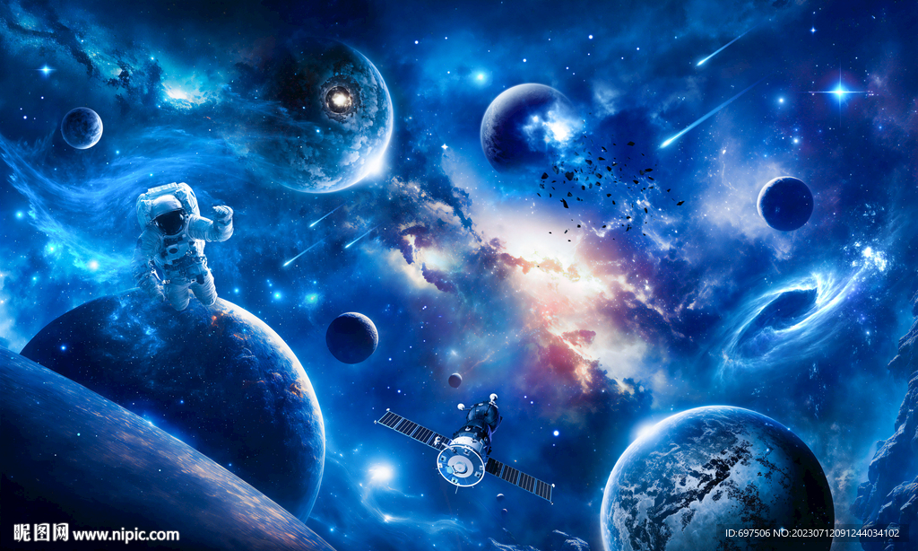 蓝色太空星球宇航员银河黑洞背景