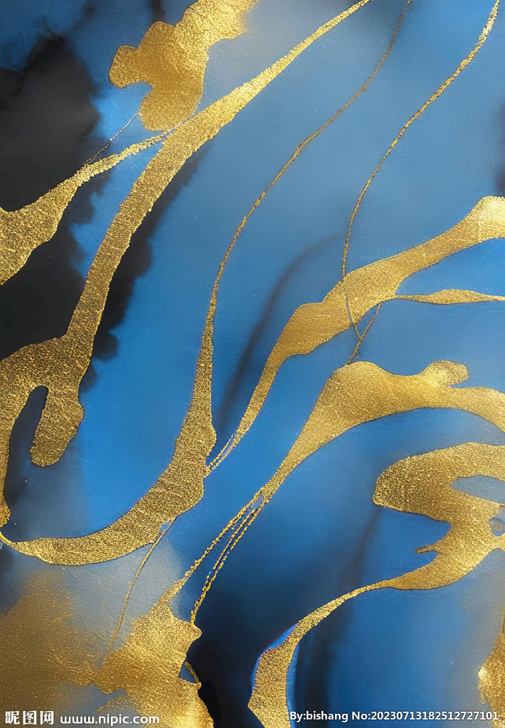 蓝色水墨抽象金箔画