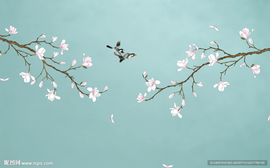 新中式工笔花鸟玉兰背景墙装饰画