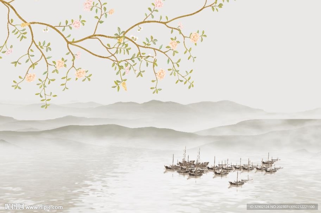 工笔花鸟水墨山水鸟鸣涧中式壁画