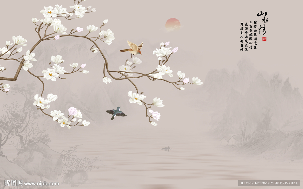 新中式手绘花鸟画背景墙壁画
