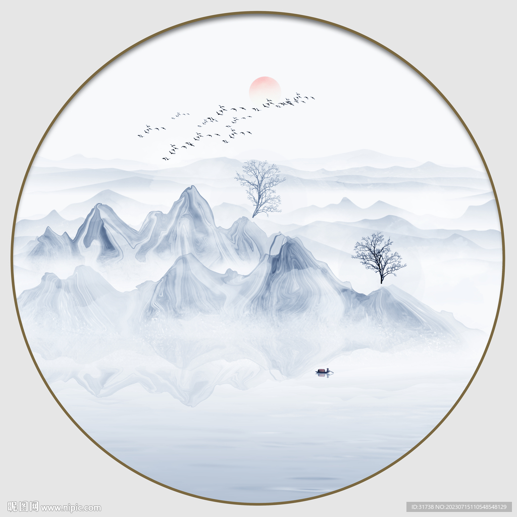 圆形抽象水墨山水画
