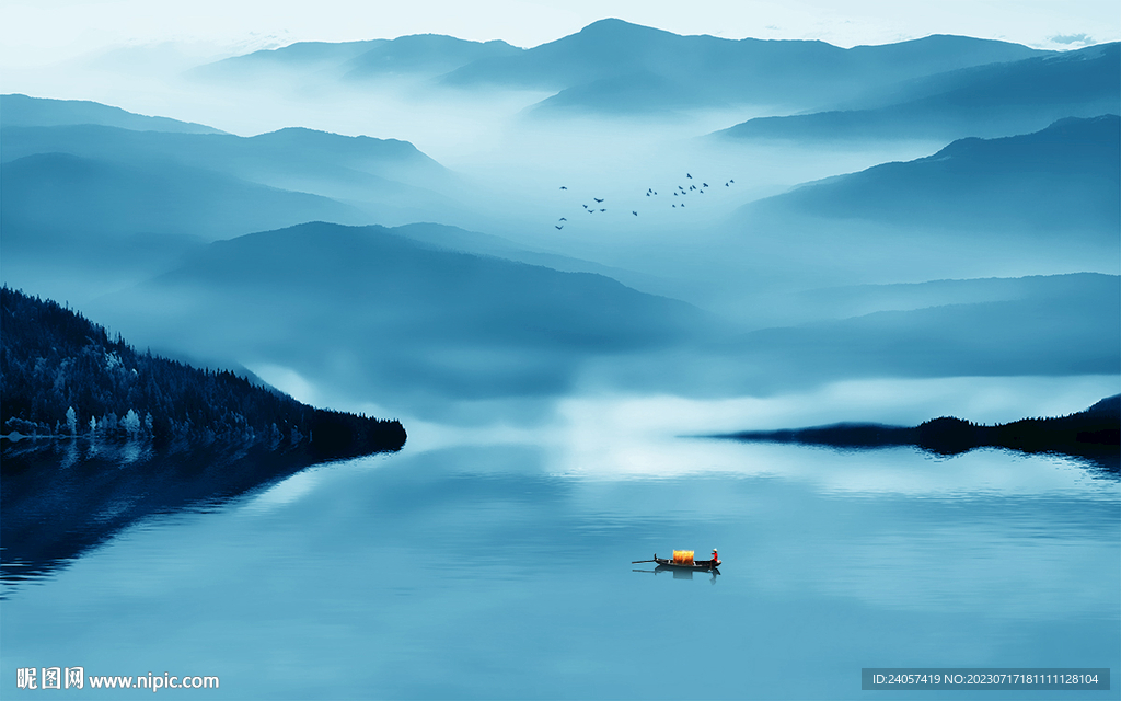 空灵意境山水风景蓝色写意背景墙