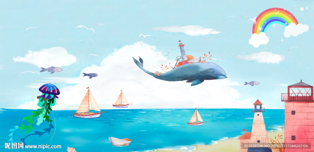 卡通儿童海豚鲸鱼沙滩海景挂画